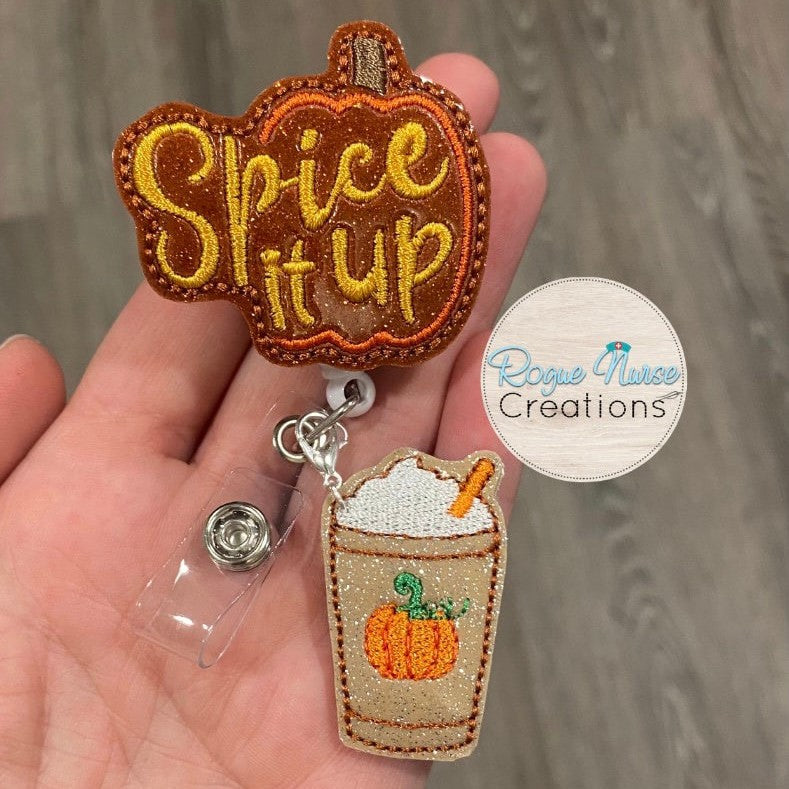 Fall Glitter Vinyl Spice it Up Retractable Badge Reel with Pumpkin Coffee Dangle, Badge Holder/Buddy