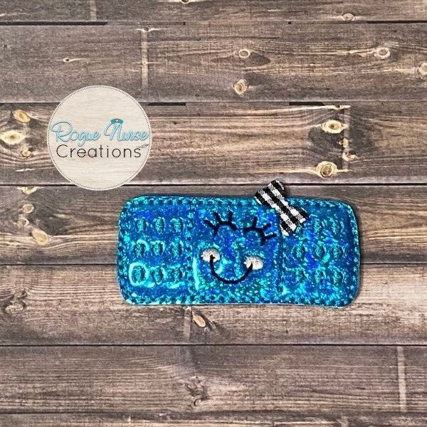 Teal Blue Bandaid, Shiny Glitter Retractable Badge Reel, Name Badge Holder, Badge Buddy, ID Badge Reel