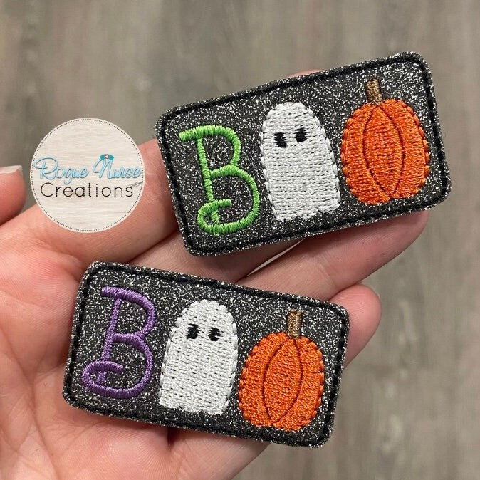 Charcoal Black Glitter BOO Halloween/Harvest Festival Retractable badge Reel with a Ghost and Pumpkin