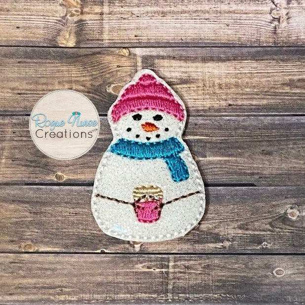 White Glitter Cozy Snowman Holding a Coffee cup Retractable Badge Reel, Snowman with a Pink Hat and a Teal Scarf Badge Buddy
