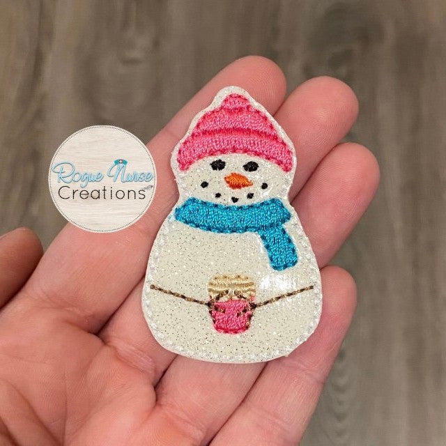 White Glitter Cozy Snowman Holding a Coffee cup Retractable Badge Reel, Snowman with a Pink Hat and a Teal Scarf Badge Buddy