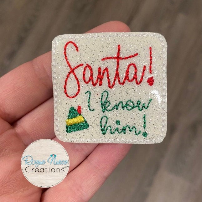 White Glitter Elf “Santa!” “I Know Him!” Red and Green Holiday Retractable Badge Reel with Festive Elf Hat