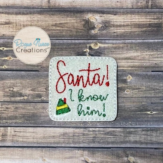 White Glitter Elf “Santa!” “I Know Him!” Red and Green Holiday Retractable Badge Reel with Festive Elf Hat