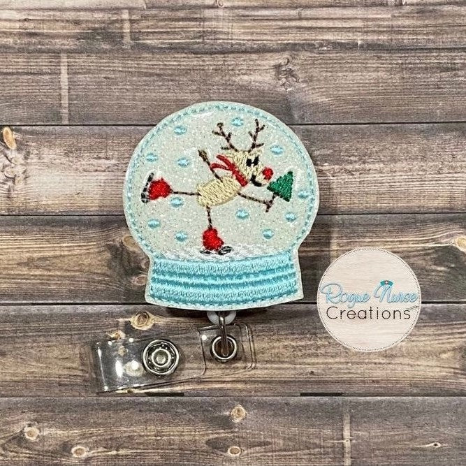 White Glitter Embroidered Ice Skating Holiday Reindeer in a Snowy Snow-globe, Retractable Badge Reel