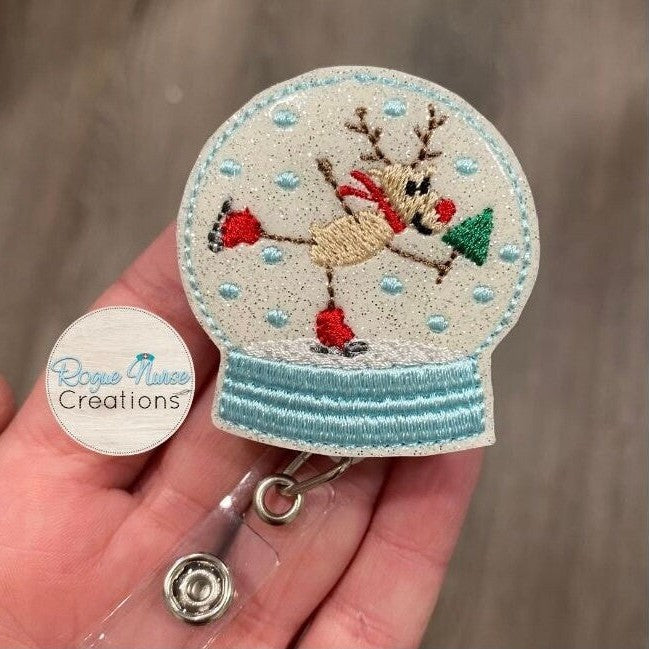 White Glitter Embroidered Ice Skating Holiday Reindeer in a Snowy Snow-globe, Retractable Badge Reel