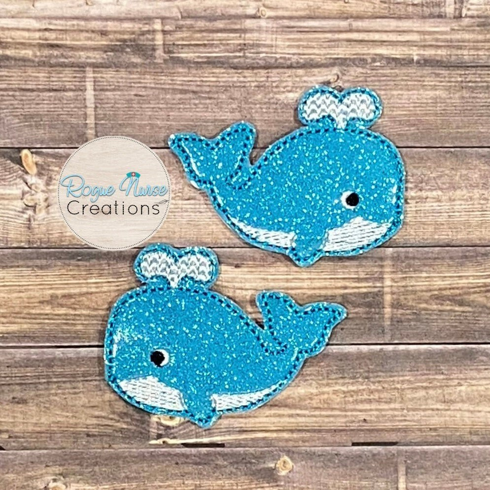 Sky Blue Glitter Whale with Chevron Stiched Water Spout, Retractable Badge Reel, Glitter Whale Badge Buddy