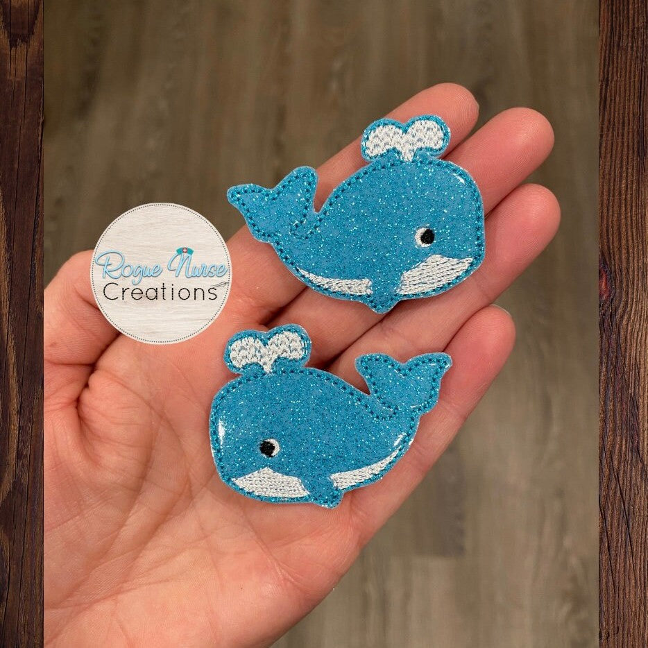 Sky Blue Glitter Whale with Chevron Stiched Water Spout, Retractable Badge Reel, Glitter Whale Badge Buddy