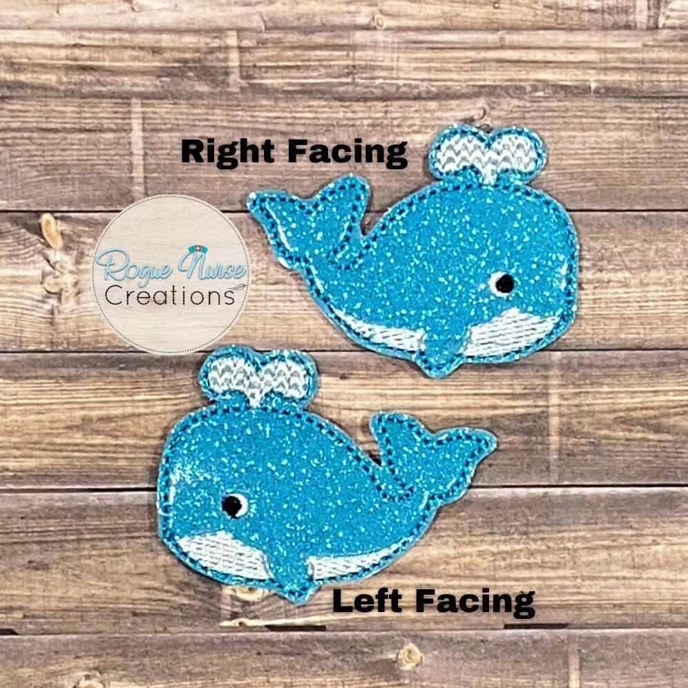 Sky Blue Glitter Whale with Chevron Stiched Water Spout, Retractable Badge Reel, Glitter Whale Badge Buddy