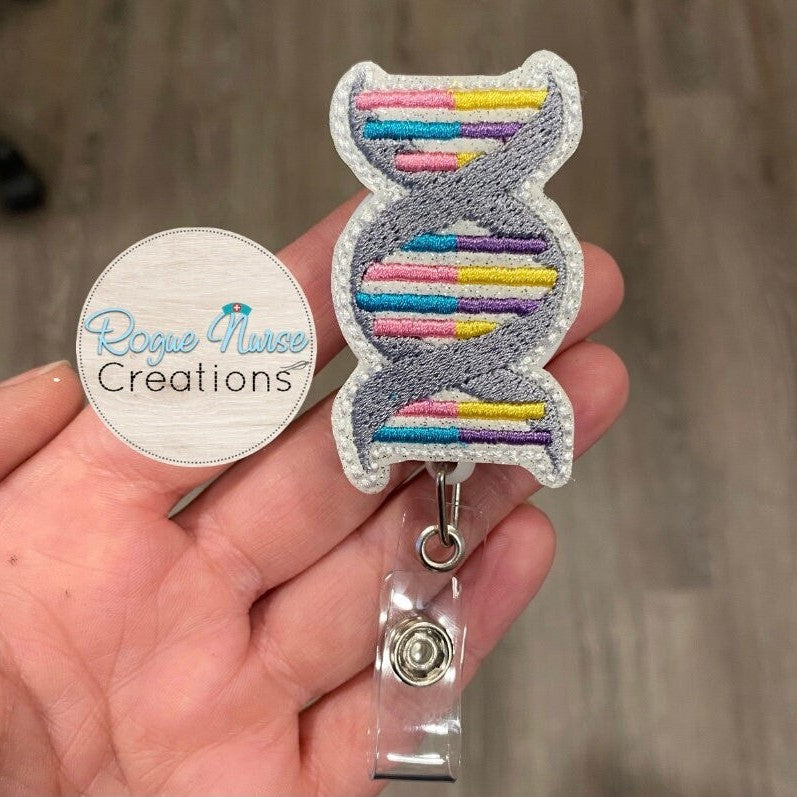 DNA Strand Retractable Badge Reel Embroidered on White Glitter Vinyl Fabric, DNA Badge Buddy