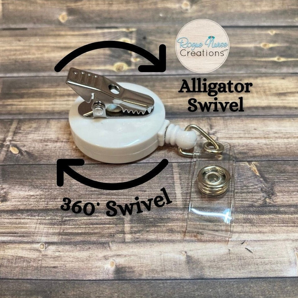 White Glitter Embroidered Ice Skating Holiday Reindeer in a Snowy Snow-globe, Retractable Badge Reel