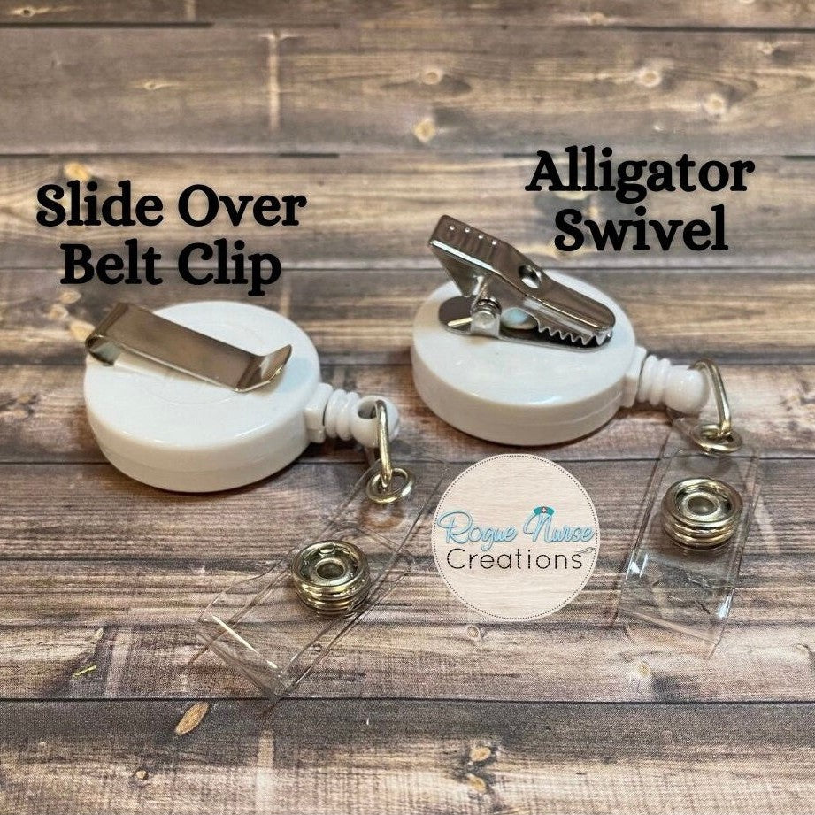 White Glitter Embroidered Ice Skating Holiday Reindeer in a Snowy Snow-globe, Retractable Badge Reel