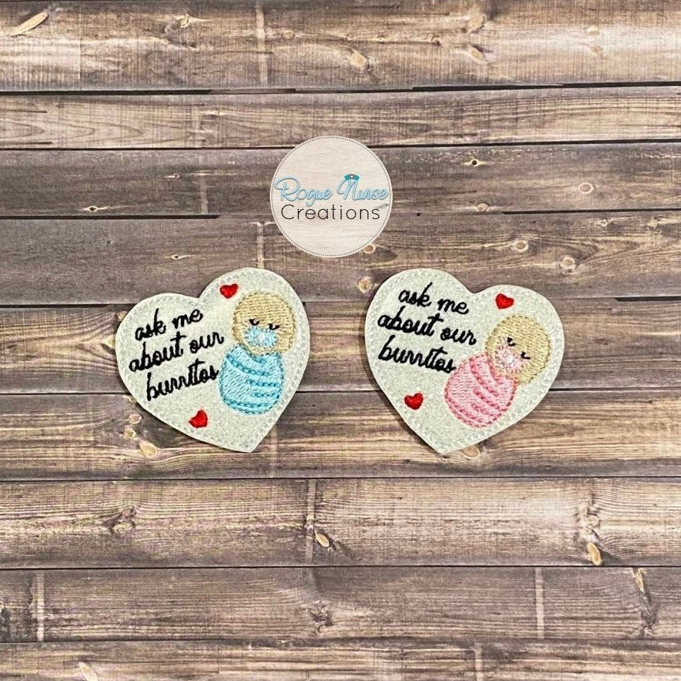 White Glitter Heart “Ask me about our burritos” Infant Swaddle Retractable Badge Reel, Baby Nurse, Labor and Delivery, Nurse Gift