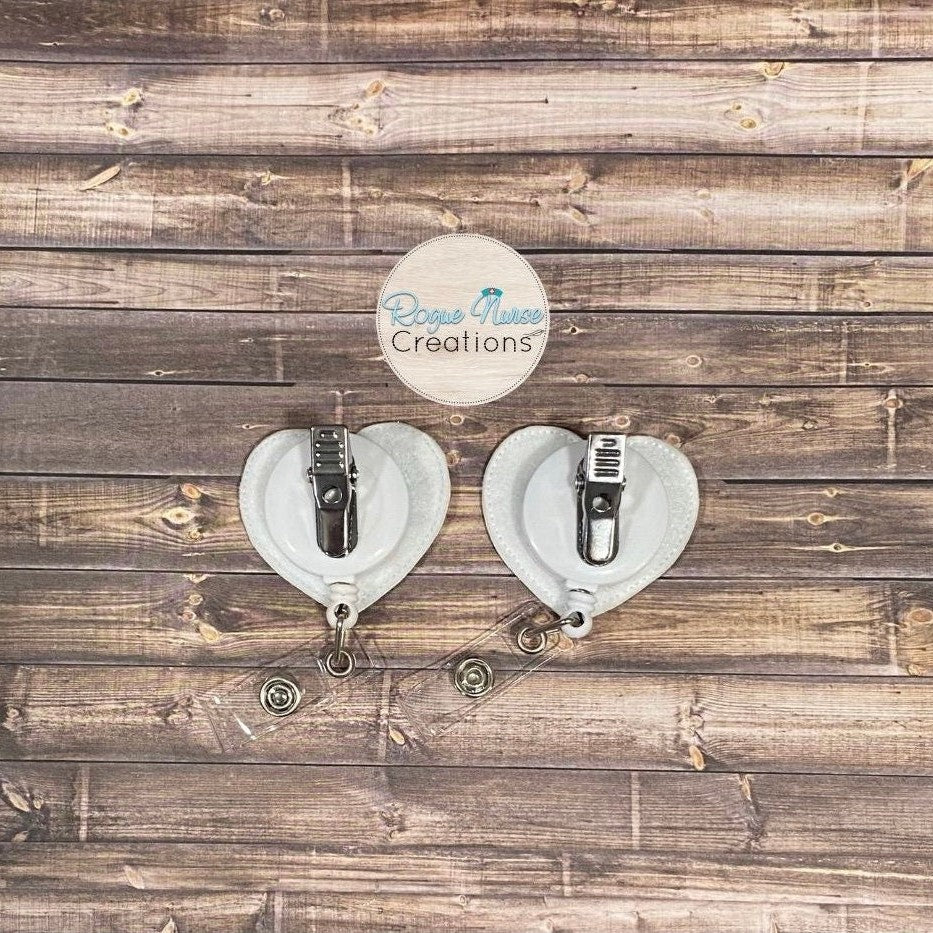 White Glitter Heart “Ask me about our burritos” Infant Swaddle Retractable Badge Reel, Baby Nurse, Labor and Delivery, Nurse Gift
