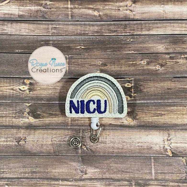 NICU Navy Silver, Gold and Beige Embroidered Rainbow Retractable Badge Reel. Baby Nurse Badge Reel