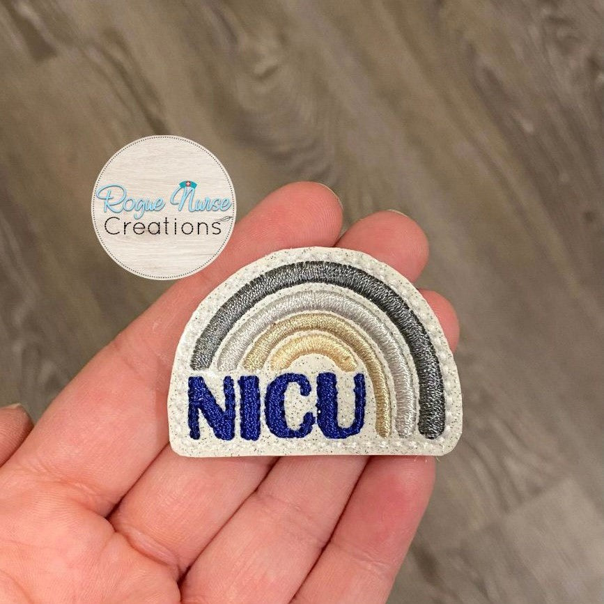 NICU Navy Silver, Gold and Beige Embroidered Rainbow Retractable Badge Reel. Baby Nurse Badge Reel