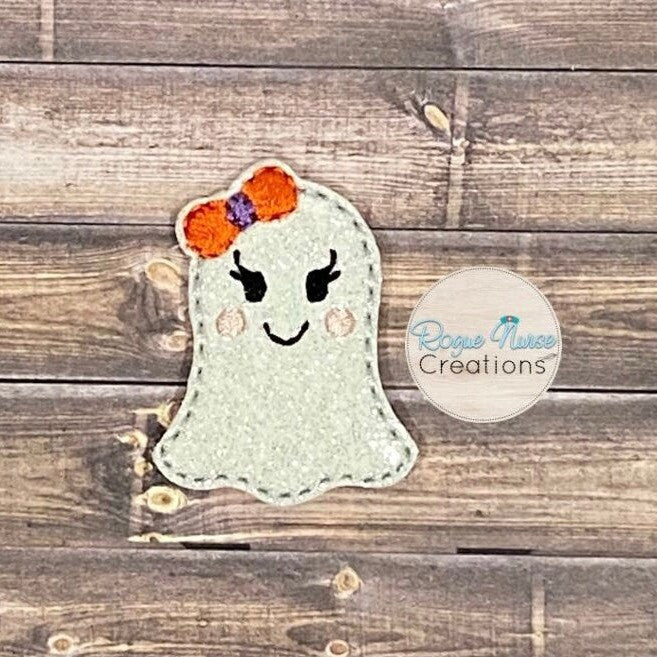 Silver Glitter Embroidered Ghost with an Orange and Purple Bow Retractable Badge Reel, Halloween Badge Reel