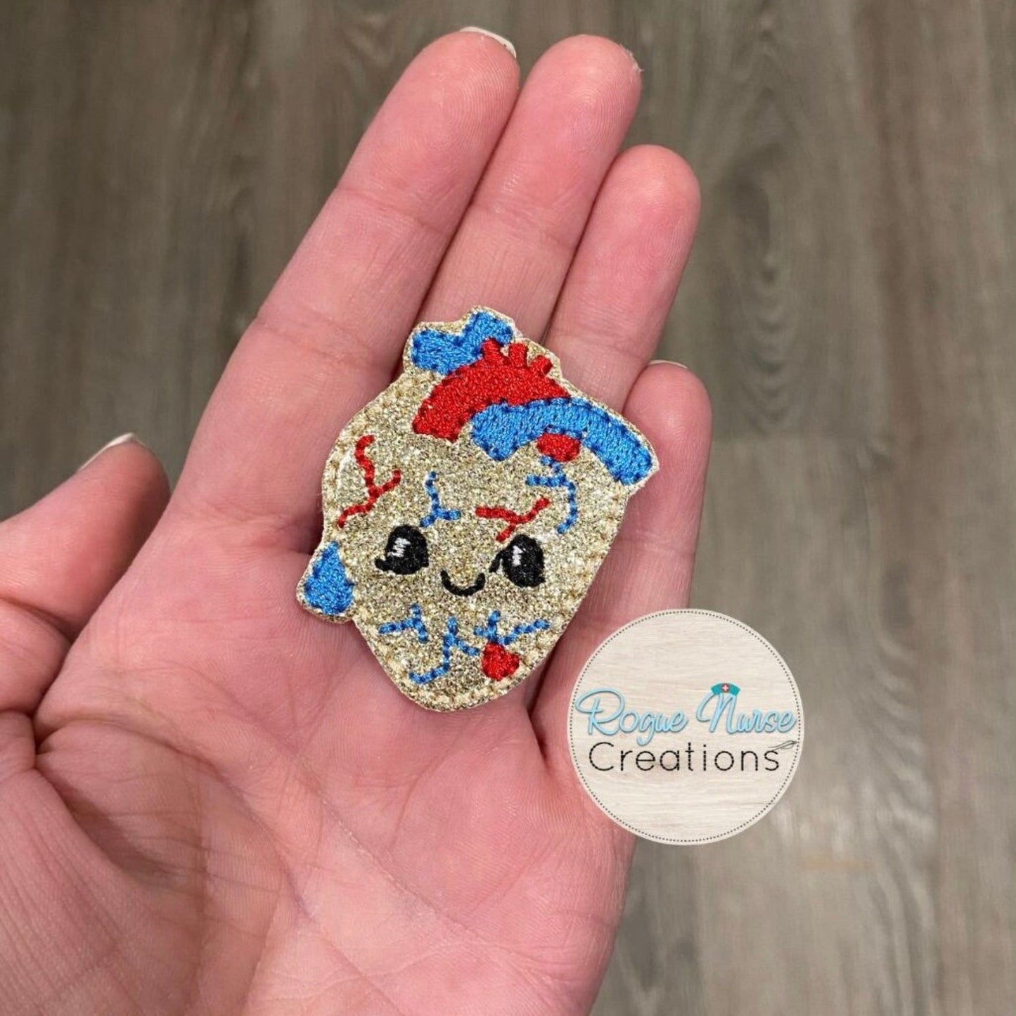 Anatomical “Heart of Gold” Human Heart Retractable Badge Reel, Gold Glitter Embroidered Heart Badge Buddy, Nurse Gift, Science Badge Reel
