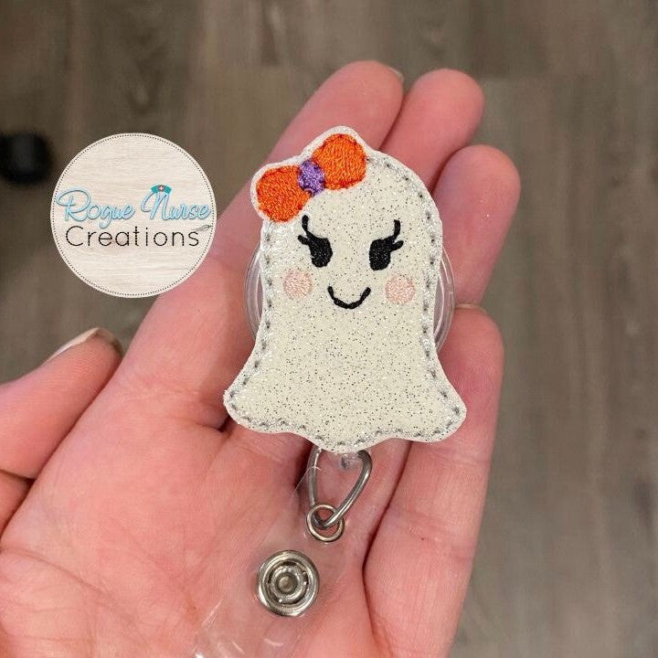 Silver Glitter Embroidered Ghost with an Orange and Purple Bow Retractable Badge Reel, Halloween Badge Reel