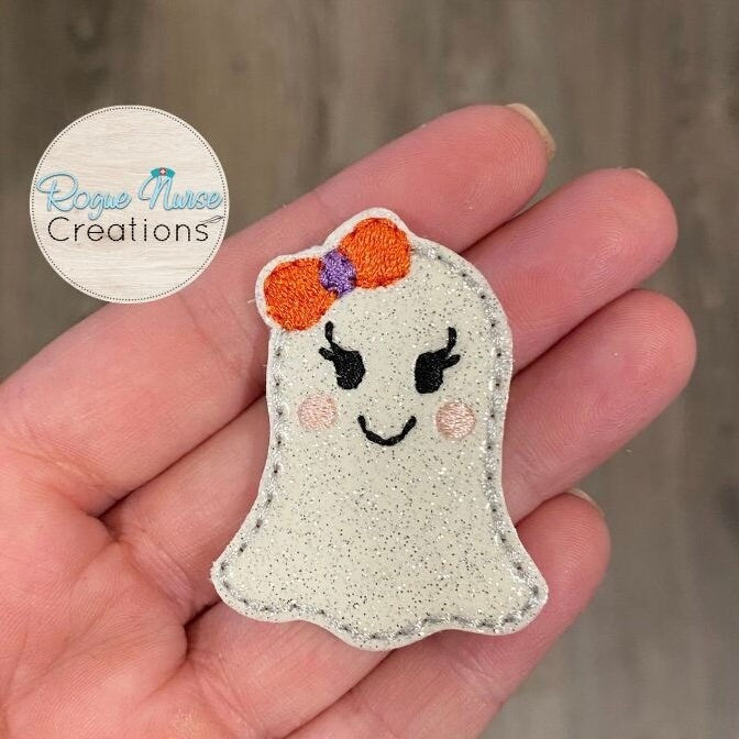 Silver Glitter Embroidered Ghost with an Orange and Purple Bow Retractable Badge Reel, Halloween Badge Reel