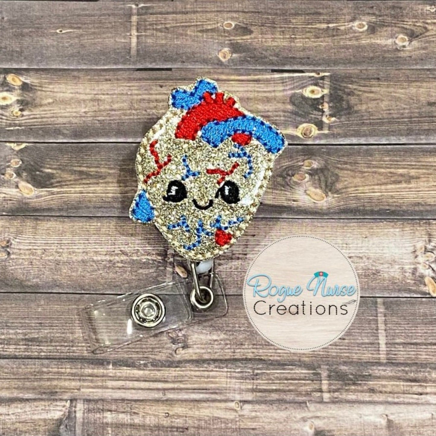 Anatomical “Heart of Gold” Human Heart Retractable Badge Reel, Gold Glitter Embroidered Heart Badge Buddy, Nurse Gift, Science Badge Reel