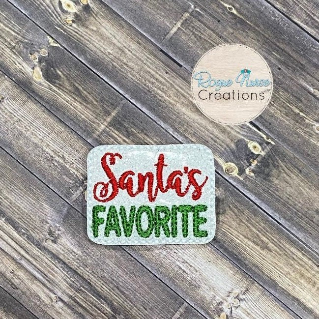 Sparkly White Glitter With Red and Green “Santa’s Favorite” Retractable Holiday Badge Reel. Nurse Holiday Badge Buddy.