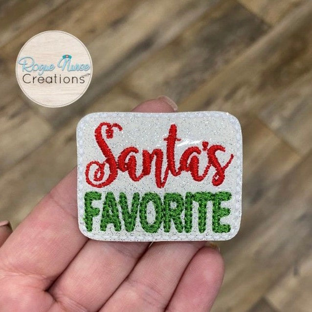 Sparkly White Glitter With Red and Green “Santa’s Favorite” Retractable Holiday Badge Reel. Nurse Holiday Badge Buddy.