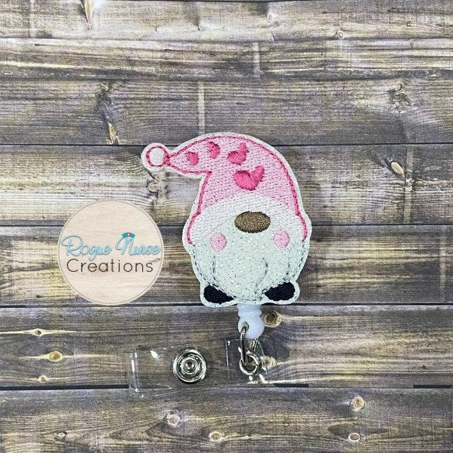 Valentines Day Glitter Embroidered Gnome Retractable Badge Reel, White Glitter and Pink Hearts Valentines Day Gnome Badge Buddy, Nurse Gnome