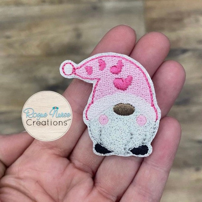 Valentines Day Glitter Embroidered Gnome Retractable Badge Reel, White Glitter and Pink Hearts Valentines Day Gnome Badge Buddy, Nurse Gnome