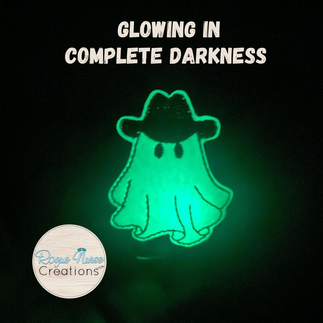 Western Glow in the Dark Ghost Halloween Retractable Badge Reel, Cowboy Hat Wearing Ghost.