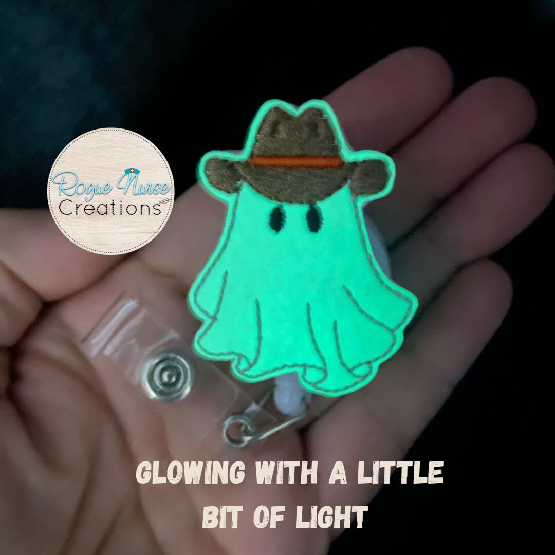 Western Glow in the Dark Ghost Halloween Retractable Badge Reel, Cowboy Hat Wearing Ghost.