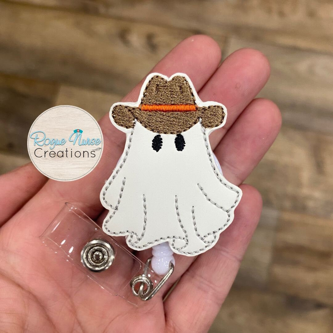 Western Glow in the Dark Ghost Halloween Retractable Badge Reel, Cowboy Hat Wearing Ghost.