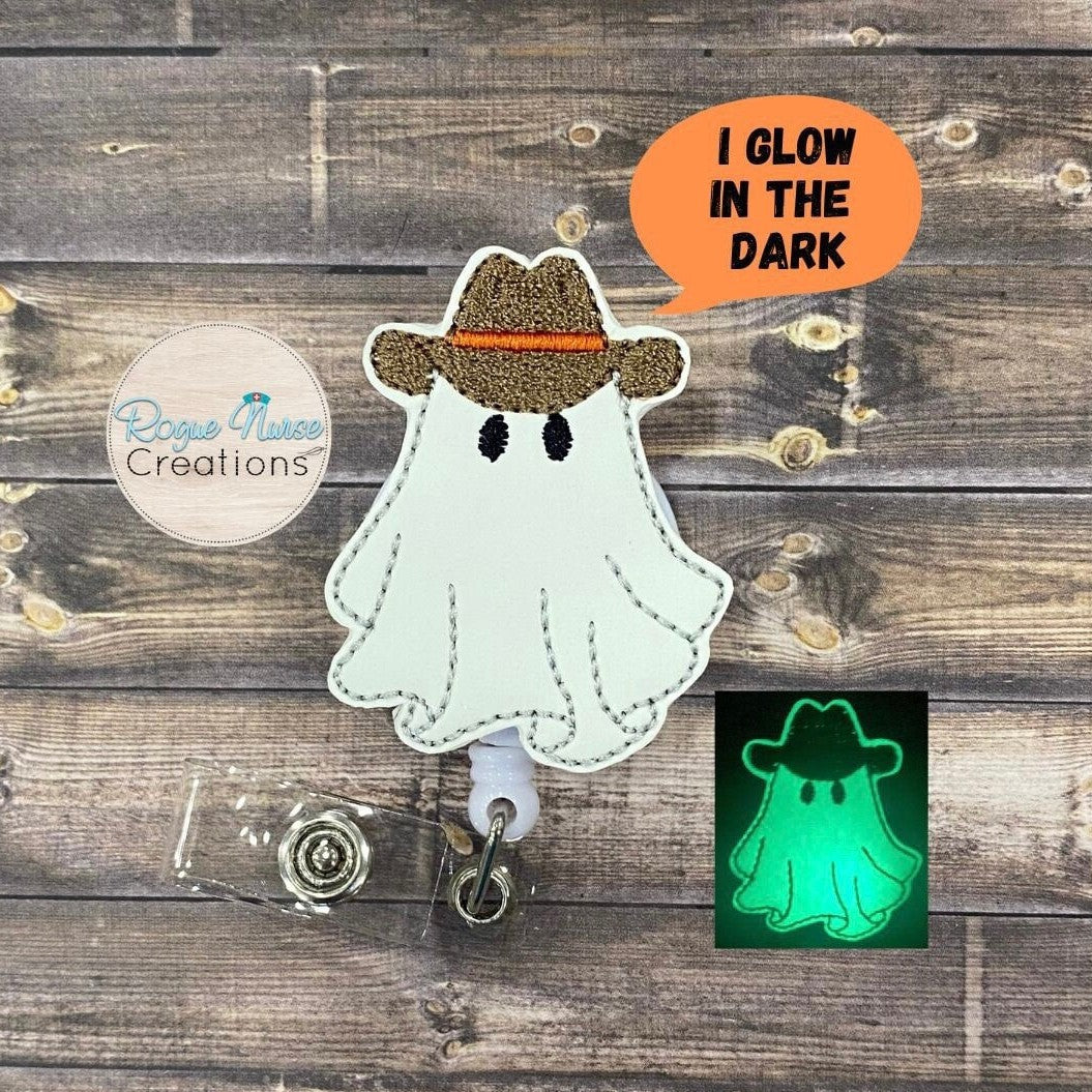 Western Glow in the Dark Ghost Halloween Retractable Badge Reel, Cowboy Hat Wearing Ghost.