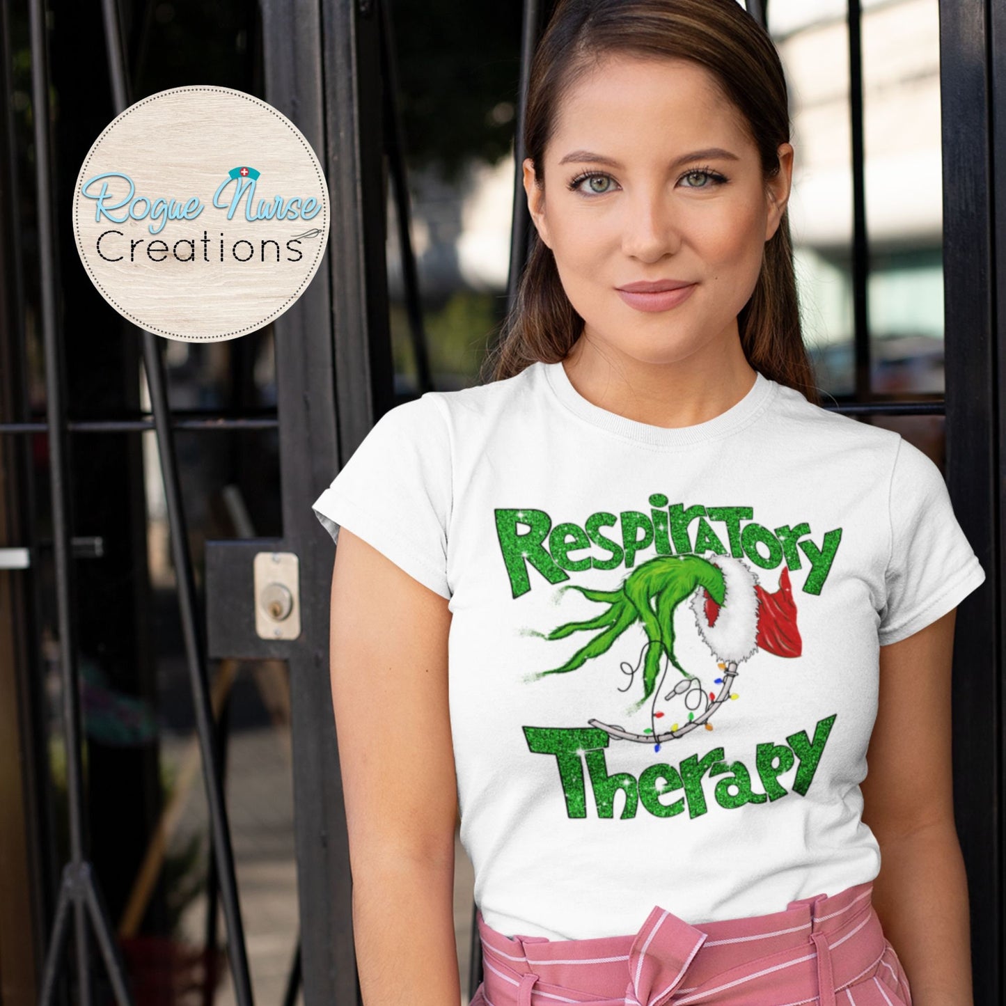 Holiday Respiratory Therapy Graphic T-Shirt, Grinchy Fingers Holding an Intubation Tube, RT Intubation Christmas T-Shirt, RT Gift