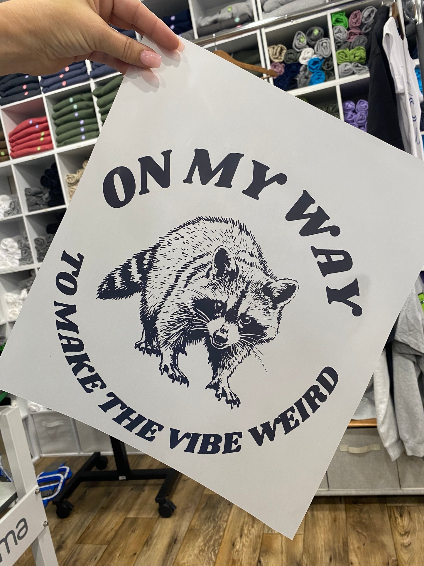 On My Way To Make The Vibe Weird Raccoon Graphic T-Shirt, Black Lettering, Cute Raccoon T-Shirt, Funny Raccoon Vibe Shirt (Copy)