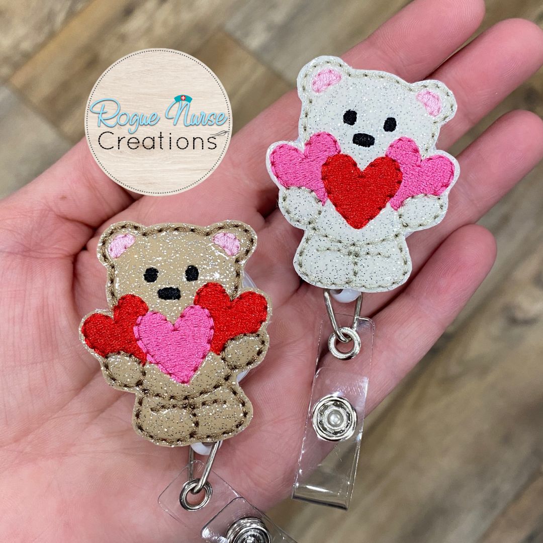 White Teddy Bear Holding Red and Pink Hearts Embroidered Valentines Day Retractable Badge Reel, Valentine Day Glitter Retractable Badge Reel