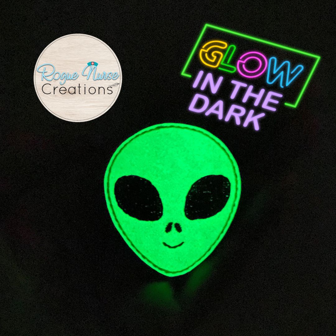 Glow in The Dark, Light Green Space Alien Head Embroidered Retractable Badge Reel, Space Creature, Science Badge Buddy, Alien Abduction