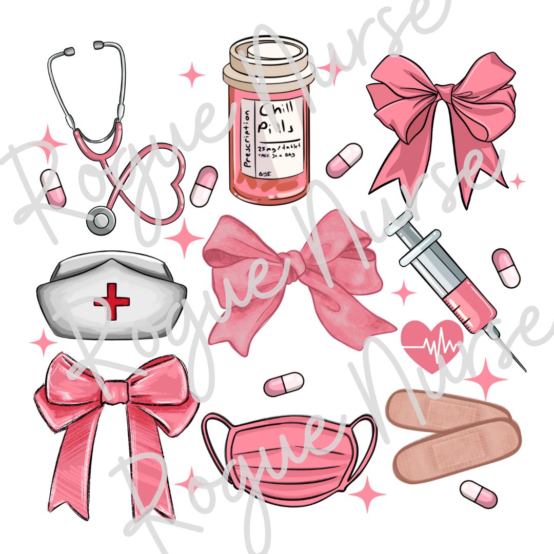 Nurse Graphic T-Shirt, Pink Tones with Bows, Stethoscope, Bandaids, Med Bottle, Mask and Syringe. Cute Healthcare Graphic TShirt, Nurse Gift