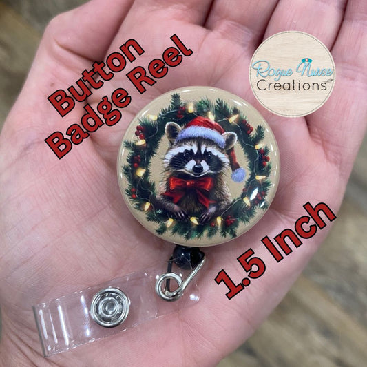 Raccoon in a Holiday Wreath Christmas Button Style Retractable Badge Reel, Beige Background, Raccoon Button Badge Holder, Badge Buddy