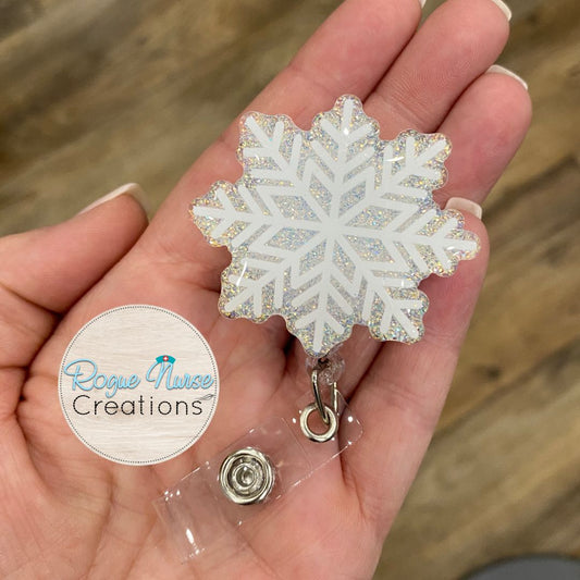 White Glitter Snowflake Acrylic/Epoxy Retractable Badge Reel, Winter, Christmas Holiday Badge Holder