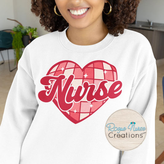 Valentines Day Nurse Graphic Sweatshirt, Nurse Crew Pullover, Nurse Gift, Cute Pink and Red Disco Heart Nurse Design for Nurses