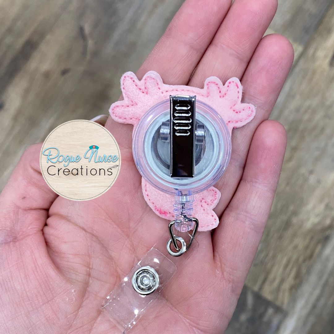 Pink AXOLOTL Retractable Badge Reel, Nurse Badge Buddy, Work ID holder, Cute Summer Badge Buddy, MRI Safe Badge Reel Option,Salamander Badge