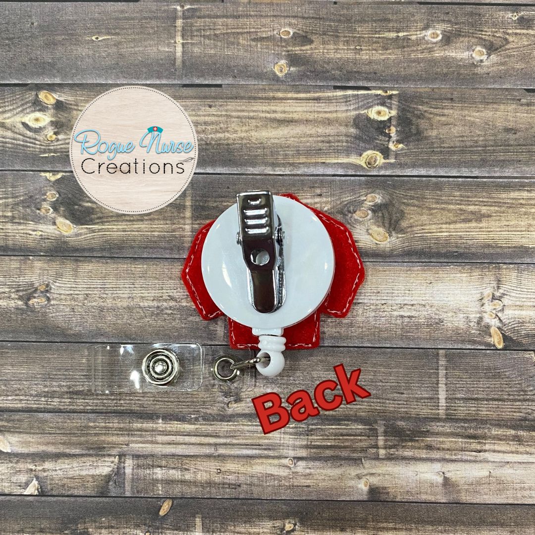 Holiday Sweater Retractable Badge Reel, Matte Red, Glitter Green or Glitter Gold Sweater with a White Holiday Tree and Textured Sleeves.