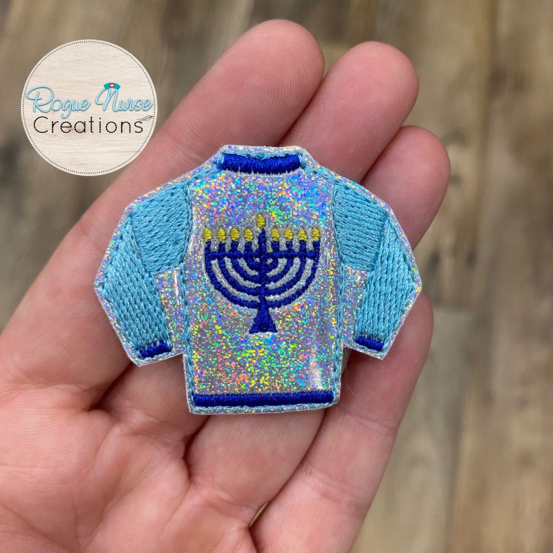 Holiday Sweater Retractable Badge Reel, Holographic Silver Glitter With Blue Sleeves and a Menorah in the Middle! Hanukkah Sweater!