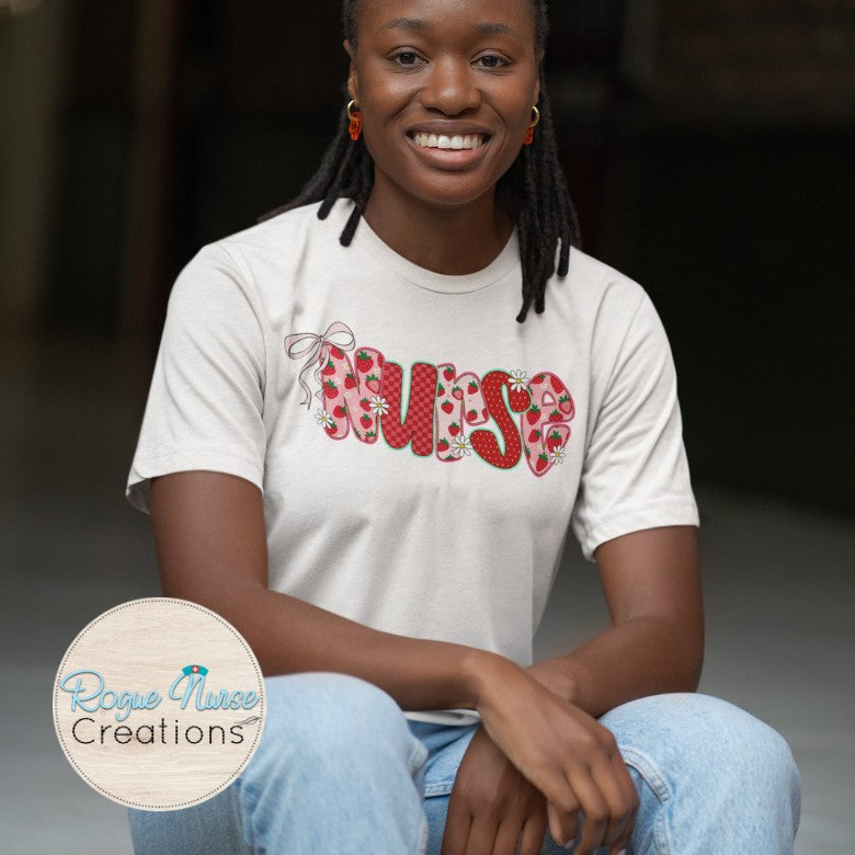 Strawberry Nurse Graphic T-shirt, faux appliqué printed Nurse Shirt