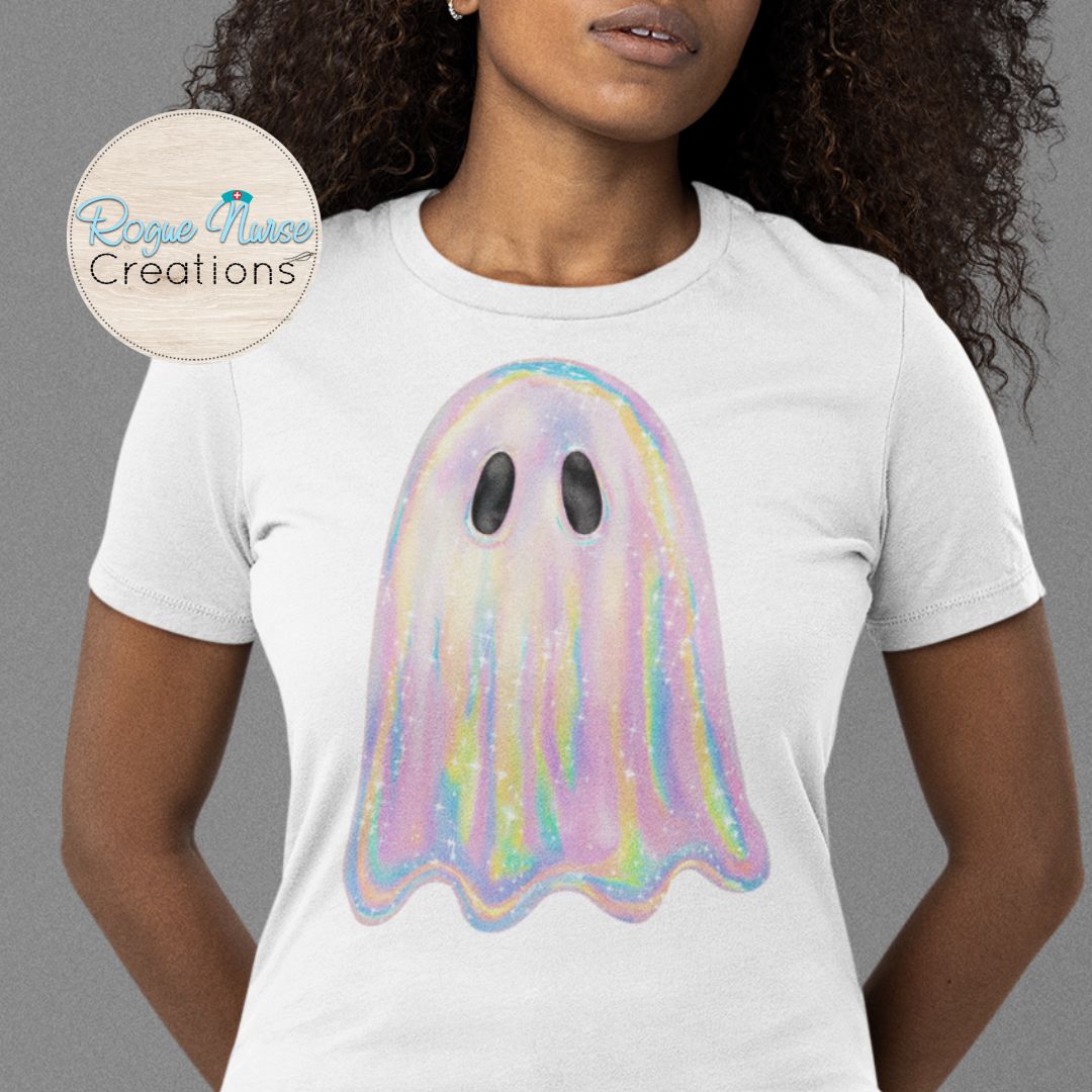 Iridescent looking Ghost Graphic T-Shirt, Nurse Crew T-Shirt, Nurse T-Shirt, Nurse Gift, Cute Nurse Ghost Halloween Shirt, pastel ghost