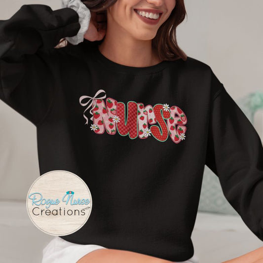 Strawberry Nurse Faux Appliqué Graphic Pullover Sweatshirt, Cute Nurse Sweatshirt, Nurse Gift, Cozy Nurse Pullover. Cute Summer Pullover.