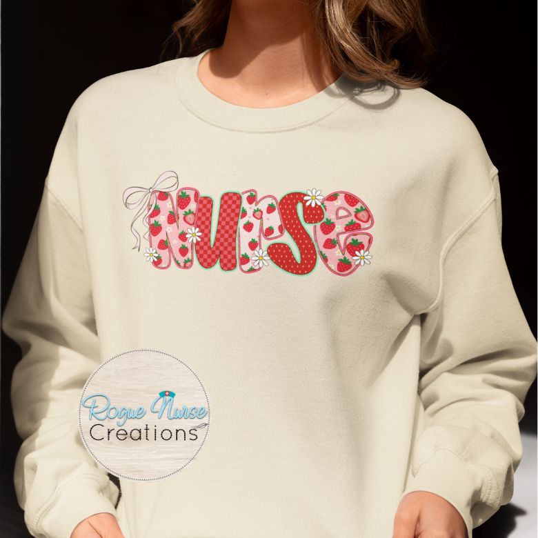 Strawberry Nurse Faux Appliqué Graphic Pullover Sweatshirt, Cute Nurse Sweatshirt, Nurse Gift, Cozy Nurse Pullover. Cute Summer Pullover.
