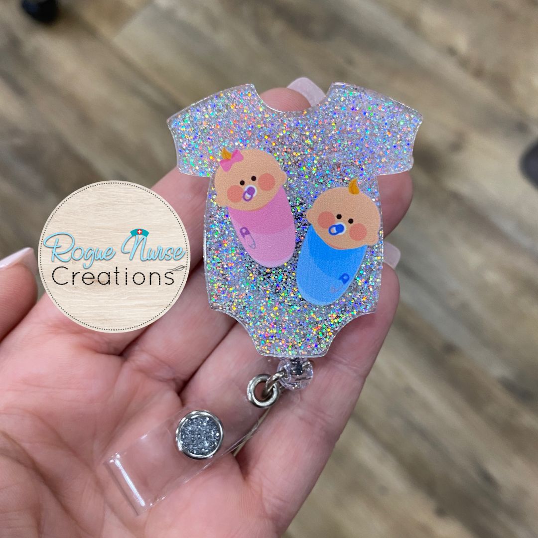 Swaddled Babies Glitter Onsie Acrylic/Epoxy Retractable Badge Reel, Silver Glitter Labor and Delivery Nurse, NICU Nurse Cute Badge