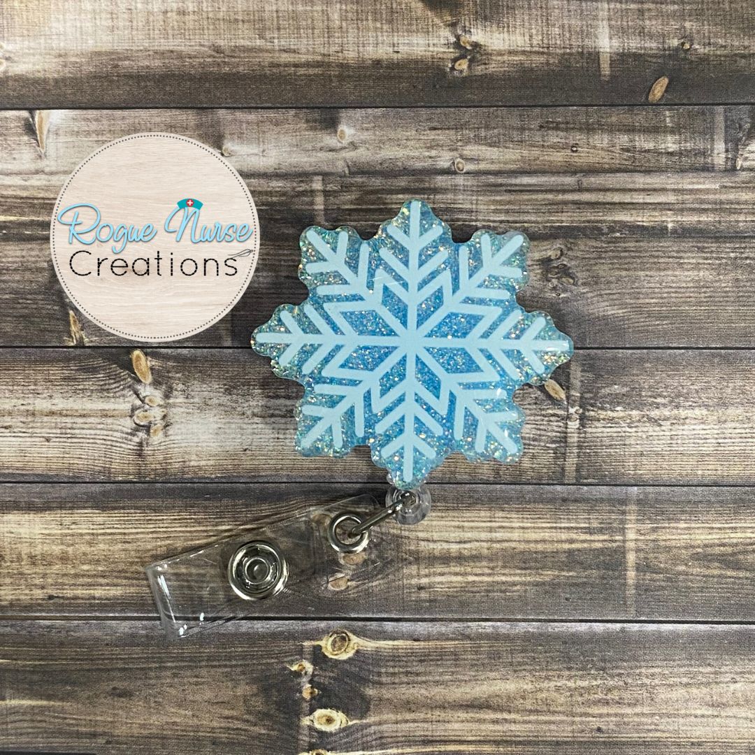 White Glitter Snowflake Acrylic/Epoxy Retractable Badge Reel, Winter, Christmas Holiday Badge Holder