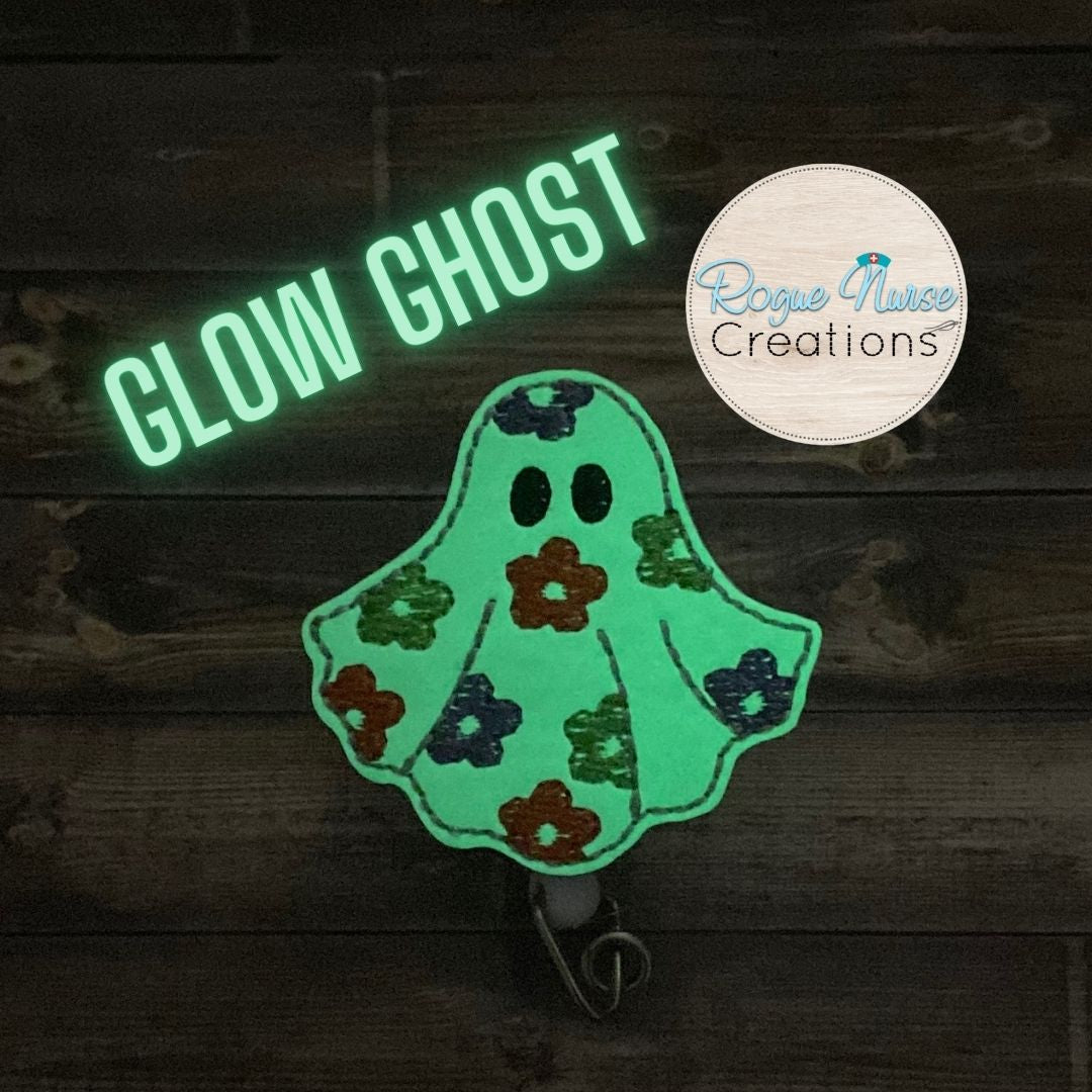 GLOW Embroidered Ghost Wearing a floral Sheet Retractable Badge Reel, Halloween Badge Reel, Friendly Ghost, MRI Safe Badge Option